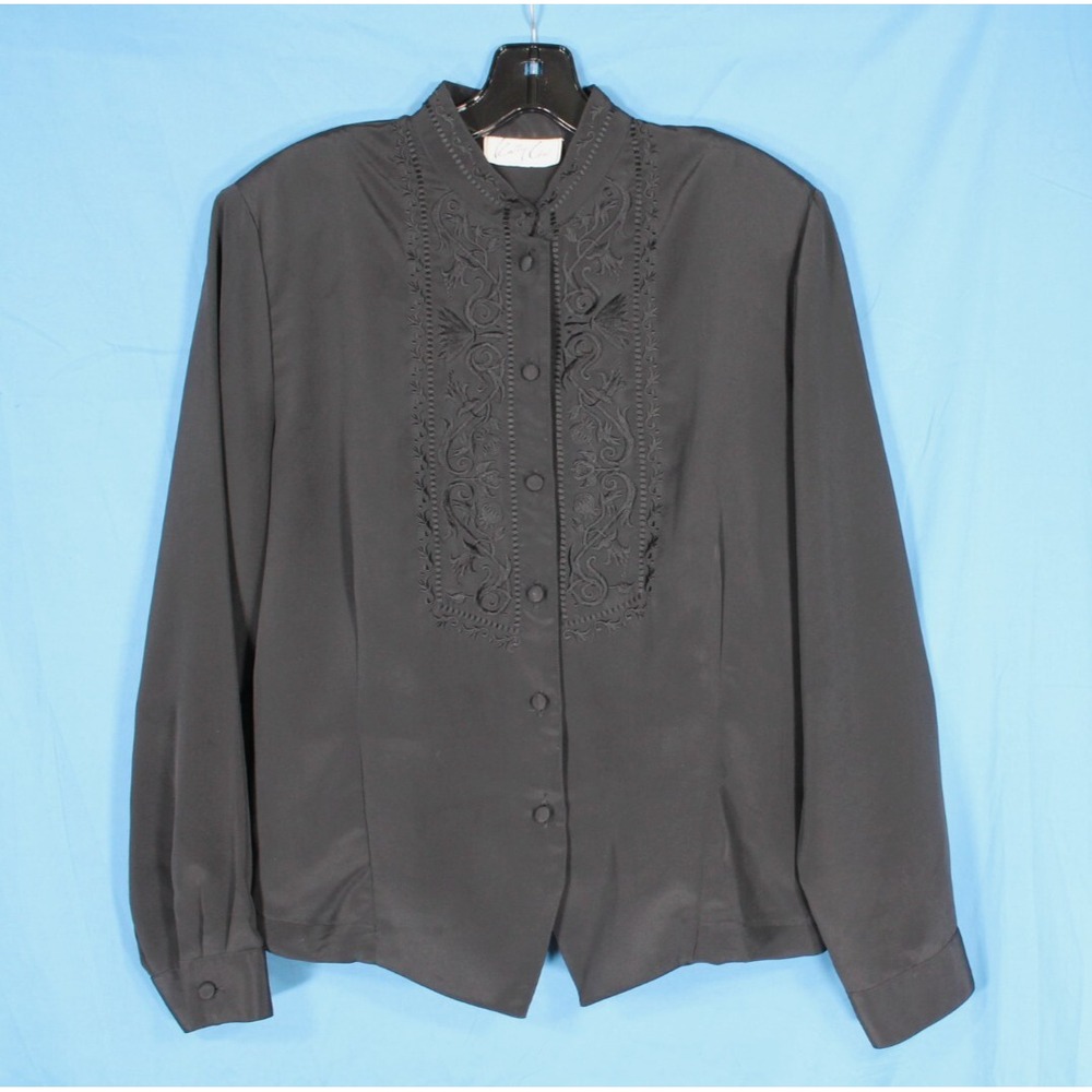 VTG KATHY CHE Black CREPE SATIN Button-Up FLORAL ENBROIDERED Blouse/Top Sz 16